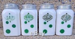 Rare Very Hard To Find Hazel Atlas Salt Pepper Sugar Flour Green Dots Shakers
