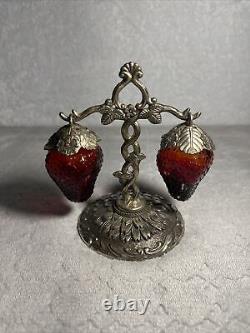 Rare Vintage Ruby Red Glass Hanging Strawberry Salt & Pepper Shakers Metal Stand