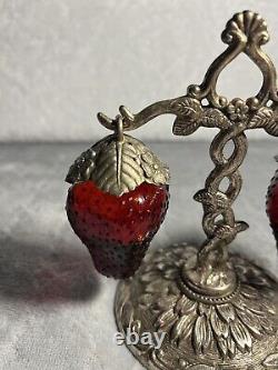 Rare Vintage Ruby Red Glass Hanging Strawberry Salt & Pepper Shakers Metal Stand