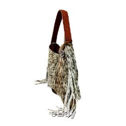 Raviani Hobo Style In Brown Salt & Pepper Hair On Cowhide With Fringe Made In USA