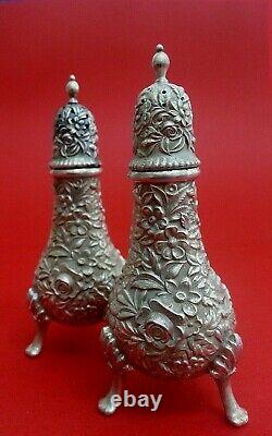 Repousse Antique S. Kirk & Son Sterling 4 1/2 Footed Salt & Pepper Shakers