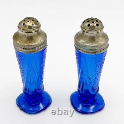 Royal Lace Blue Cobalt Depression Glass Salt and Pepper Shakers Set Hazel Atlas