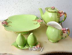 Royal Winton Tiger Lily Mottled Green Lot Teapot Creamer Cake Plate Salt/Pepper