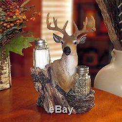 Rustic Deer Glass Salt and Pepper Shaker Set with Decorative Big Buck Holder