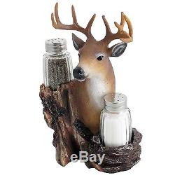 Rustic Deer Glass Salt and Pepper Shaker Set with Decorative Big Buck Holder