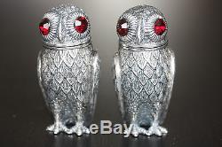 Silver Owl Salt & Pepper Shaker Condiments With Red Garnet Eyes