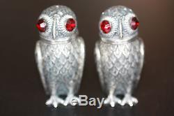 Silver Owl Salt & Pepper Shaker Condiments With Red Garnet Eyes