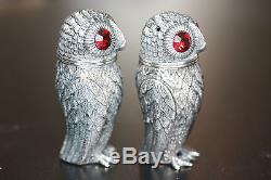 Silver Owls Salt & Pepper Shaker Condiments With Red Garnet Eyes