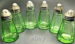 SIX Hazel Atlas Paneled Uranium Green Glass Salt & Pepper Shakers Collectors