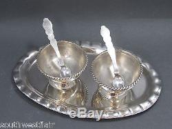 STERLING SILVER 925 SET SALT PEPPER CELLARS SPOONS AND OVAL TRAY TAXCO MEXICO