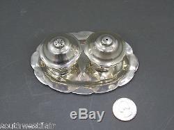STERLING SILVER SET SALT AND PEPPER SHAKERS WITH SCALLOPED EDGE TRAY 925