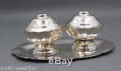STERLING SILVER SET SALT AND PEPPER SHAKERS WITH SCALLOPED EDGE TRAY 925