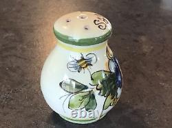 Salt And Pepper Shakers Set Tuscan Bees Fruit Pottery With Holder Italian Rare