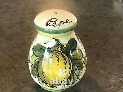 Salt And Pepper Shakers Set Tuscan Bees Fruit Pottery With Holder Italian Rare