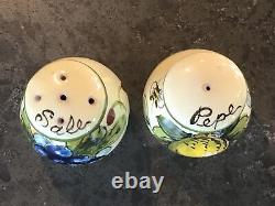 Salt And Pepper Shakers Set Tuscan Bees Fruit Pottery With Holder Italian Rare