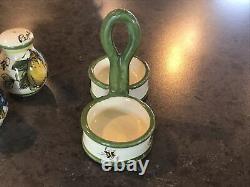 Salt And Pepper Shakers Set Tuscan Bees Fruit Pottery With Holder Italian Rare