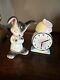 Scarce! Vintage Enesco Japan Sleepy Bunny Rabbit Alarm Clock Salt and Pepper