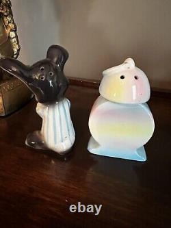Scarce! Vintage Enesco Japan Sleepy Bunny Rabbit Alarm Clock Salt and Pepper