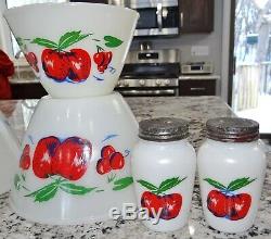 Set Fire-King Apple Cherry Mixing Bowl Salt Pepper Shaker Grease Jar Lot NICE
