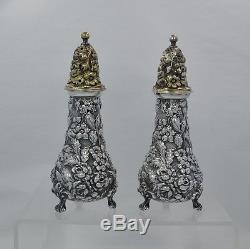 Stieff Rose Sterling Silver Repousse 4 3/8 Tall Salt & Pepper Shakers 1940