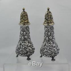 Stieff Rose Sterling Silver Repousse 4 3/8 Tall Salt & Pepper Shakers 1940