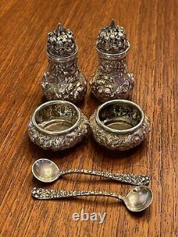 Stieff Sterling Silver Rose Salt & Pepper Shakers With Salt Cellars & Spoons