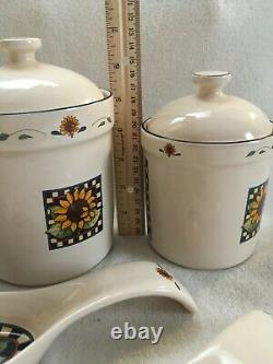 Susan Winget Sunflower Canisters 4 with Lids, Salt/Pepper Shakers, 2 Spoon Rest