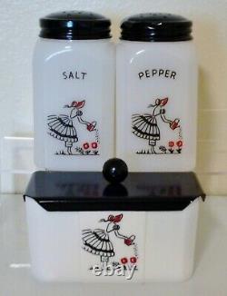 Tipp City WATERING GIRL milk glass GREASE JAR Salt Pepper shaker Range Set McKee