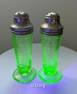 Uranium Glass, Royal Lace Depression Glass, Salt and Pepper Shakers, 1930s