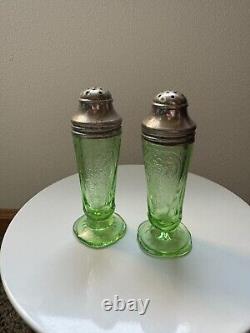 Uranium Glass, Royal Lace Depression Glass, Salt and Pepper Shakers, 1930s