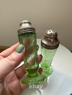 Uranium Glass, Royal Lace Depression Glass, Salt and Pepper Shakers, 1930s