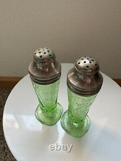 Uranium Glass, Royal Lace Depression Glass, Salt and Pepper Shakers, 1930s