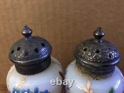 VICTORIAN GLASS Opalescent Hand Painted Salt Pepper Shaker with Meriden Stand