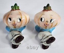 VTG 1950's Japan Anthropomorphic Onion Head Salt & Pepper Shakers + CORKS LABELS