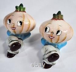 VTG 1950's Japan Anthropomorphic Onion Head Salt & Pepper Shakers + CORKS LABELS