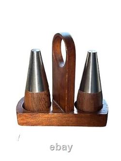 VTG Danish Salt And Pepper Shakers Pair Set of Rosewood Stainless Steel WithStand