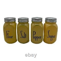 VTG Hocking Shaker Set Salt Pepper Flour Sugar Yellow Fired On Art Deco Range