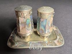 VTG Pair Petite Abalone Mexican Brass & Alpaca Salt and Pepper Shakers List $245