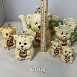 VTG Teddy Bear Honey Jar Serving Set Ceramic Coffee Pot Mugs Salt Pepper Sugar