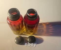 Victorian Era Amberina Salt and Pepper Shakers Late 19th Century Pewter Caps