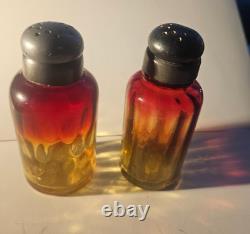 Victorian Era Amberina Salt and Pepper Shakers Late 19th Century Pewter Caps