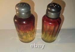 Victorian Era Amberina Salt and Pepper Shakers Late 19th Century Pewter Caps