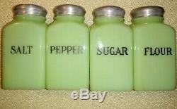 Vintage 1930's McKee Uranium Jadite Range Shaker Jadeite Salt Pepper Sugar Flour