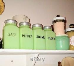 Vintage 1930's McKee Uranium Jadite Range Shaker Jadeite Salt Pepper Sugar Flour