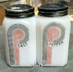 Vintage 1930's Mckee Tipp Deco P Design Milk Glass Salt Pepper Range Shakers