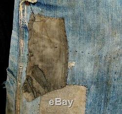 Vintage 1930s Salt & Pepper Patched Denim Buckle Back Crotch Rivet Jeans 30x28