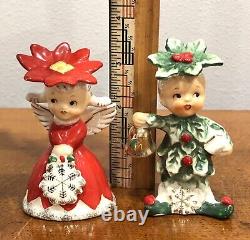 Vintage 1950's Napco Poinsettia Girl & Holly Boy Christmas Salt Pepper Shakers