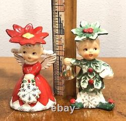 Vintage 1950's Napco Poinsettia Girl & Holly Boy Christmas Salt Pepper Shakers