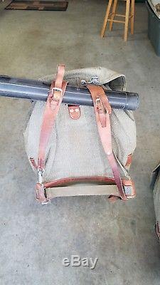 Vintage 1957 Swiss Army Backpack Rucksack Leather Canvas Salt & Pepper Metal