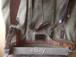 Vintage 1957 Swiss Army Backpack Rucksack Leather Canvas Salt & Pepper Metal